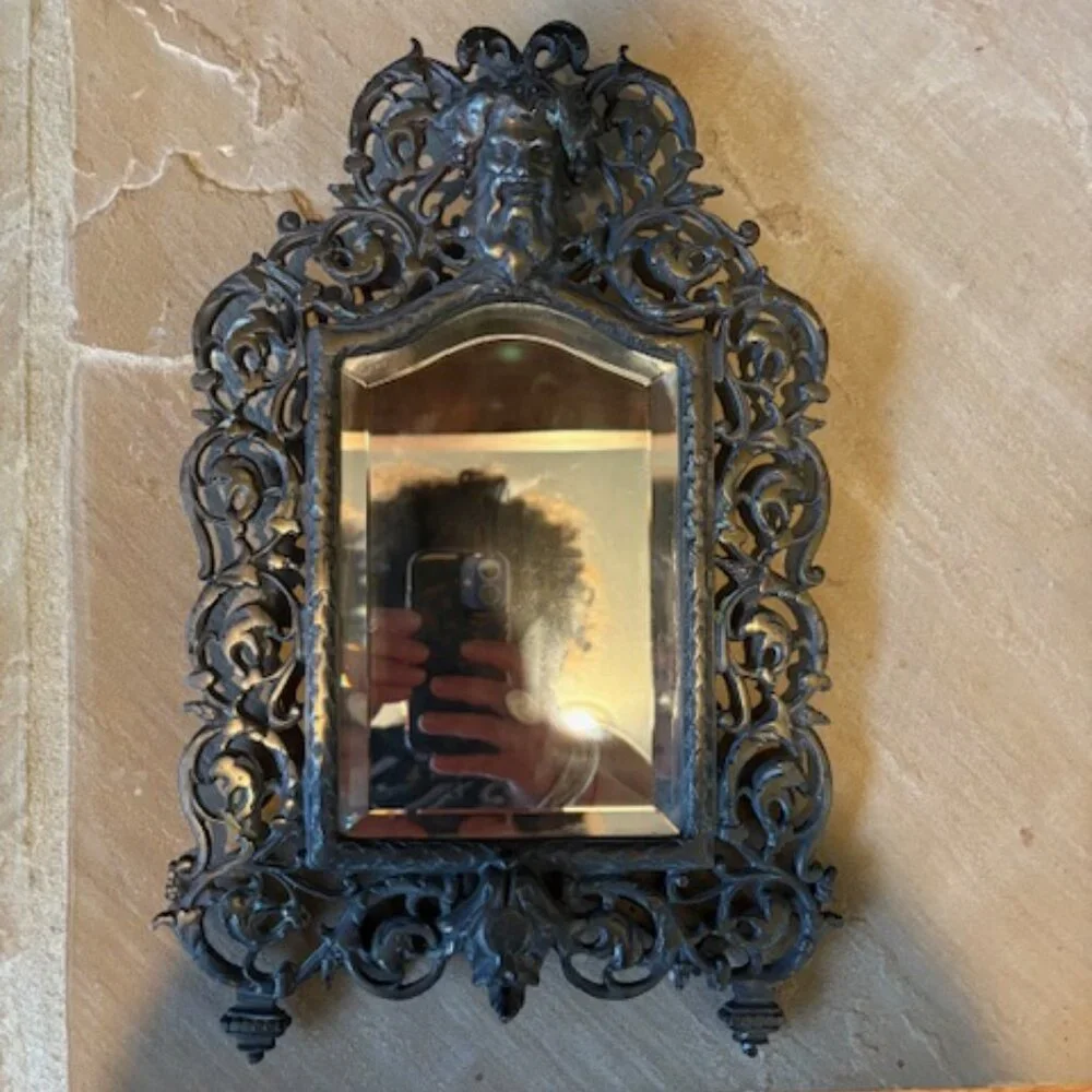 Antique 19th C. Victorian Ornate Bacchus Dionysius Brass Mirror Frame with Stand